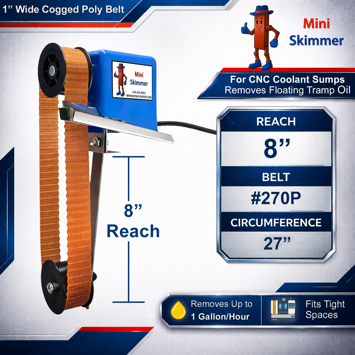 Mini-Skimmer cogged belt 8 in reach information graphic