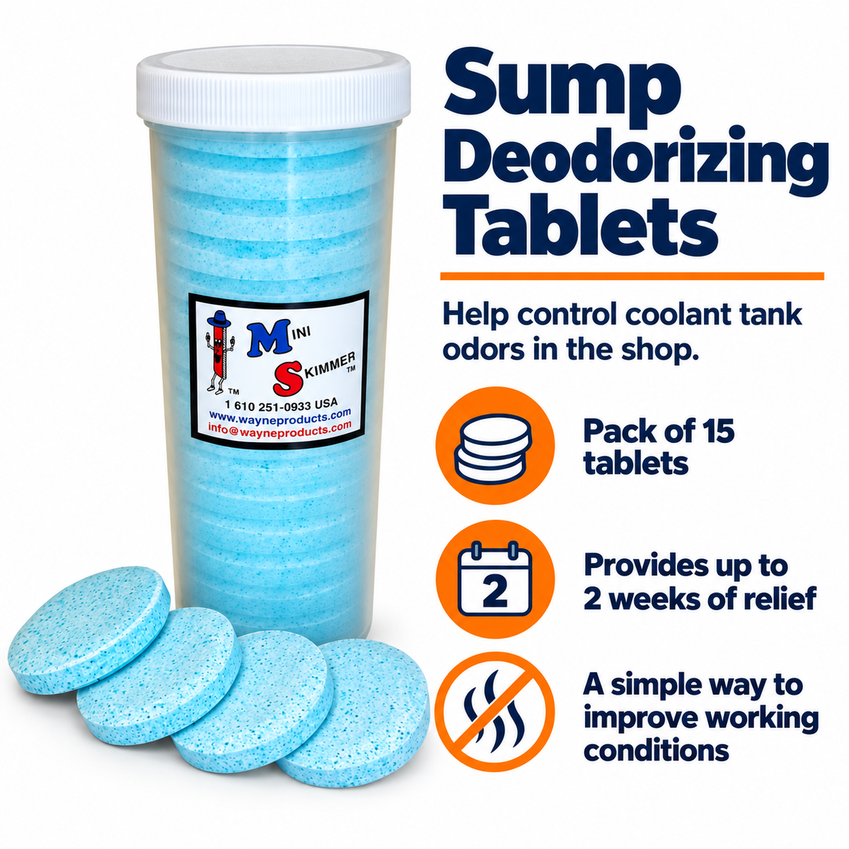 Sump deodorizing tablets pack size and odor relief infographic