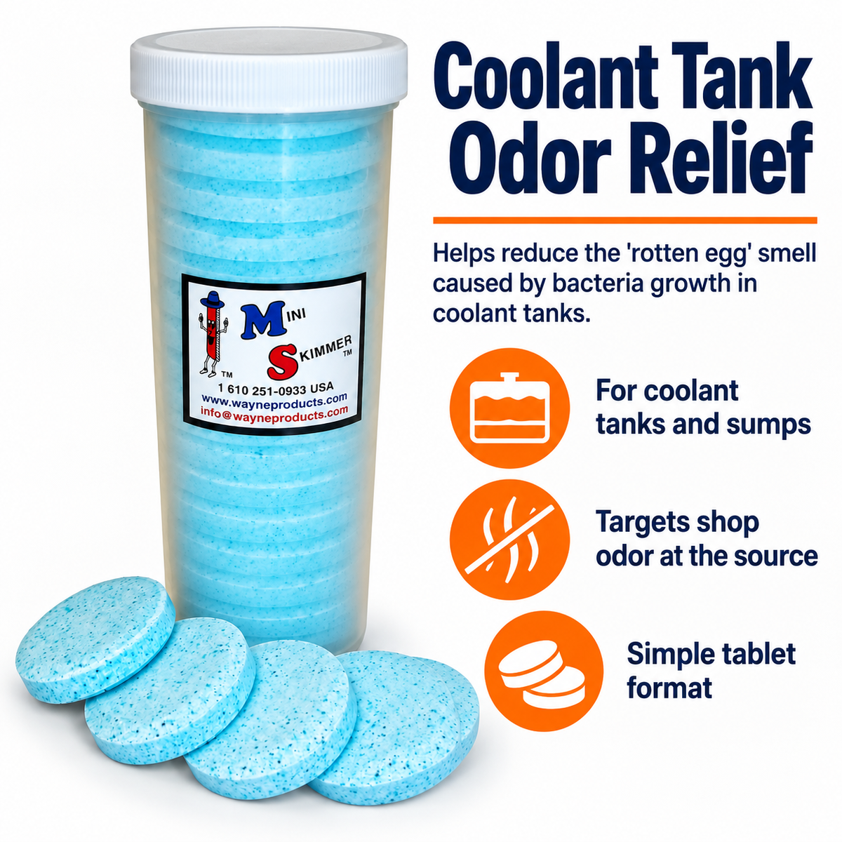 Sump deodorizing tablets for coolant tank odor control infographic
