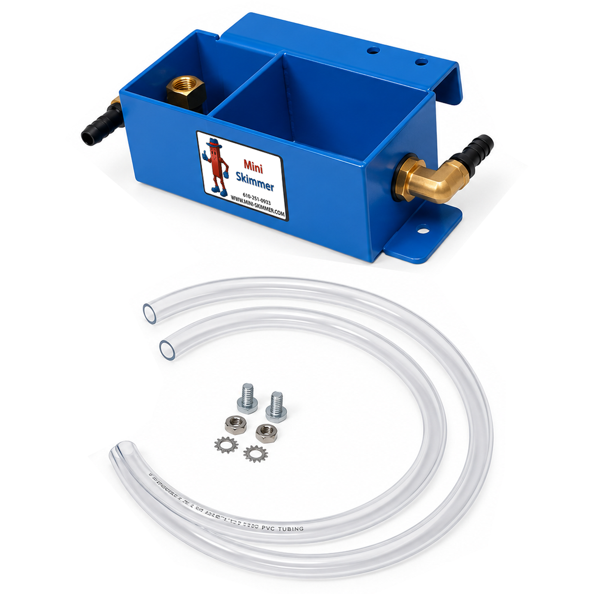 Mini-Sep Diverter Kit components including separator, clear hoses, bolts, nuts and lock washers