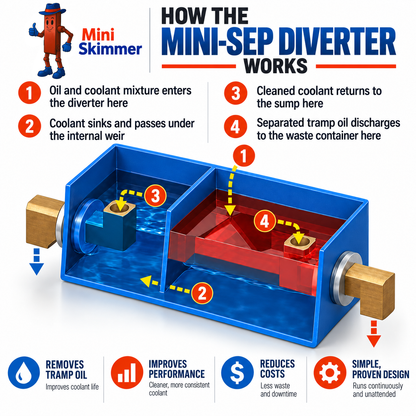 How the Mini-Sep Diverter separates tramp oil and returns coolant to the machine sump