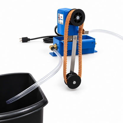Mini-Sep Diverter installed below a Mini-Skimmer belt oil skimmer with coolant return and waste hoses