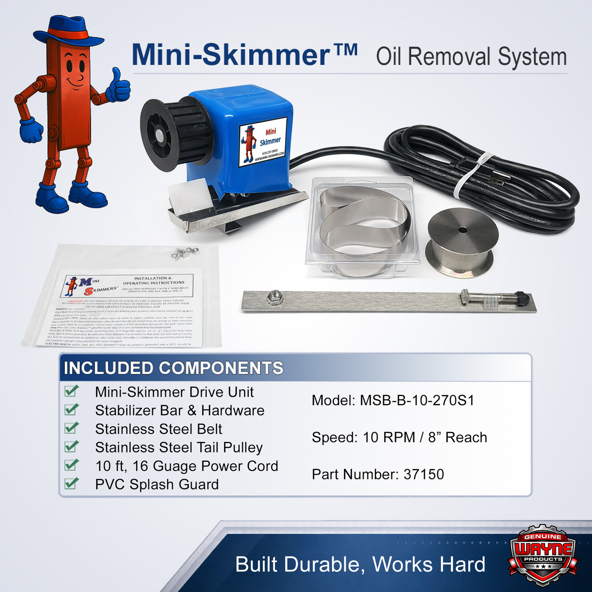 Mini-Skimmer stainless steel belt oil skimmer 8 in reach, 10 RPM