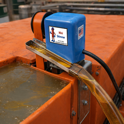 Mini-Skimmer flat polyurethane belt oil skimmer in use on a coolant sump