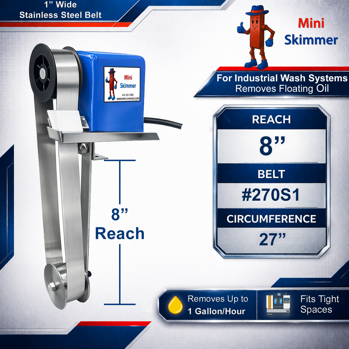 Mini-Skimmer stainless steel belt oil skimmer – 8 in reach – alternate view 5