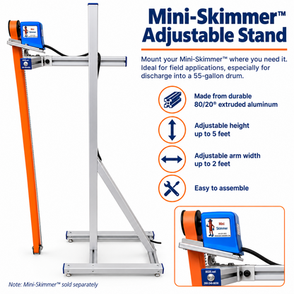 Mini-Skimmer adjustable stand features and adjustment range infographic