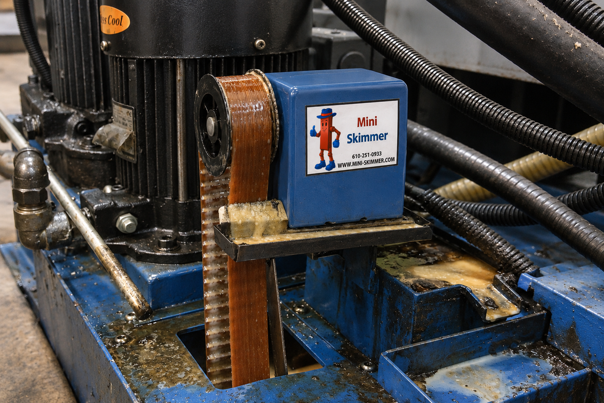 Wayne Products Mini-Skimmer installed on a CNC machine coolant sump