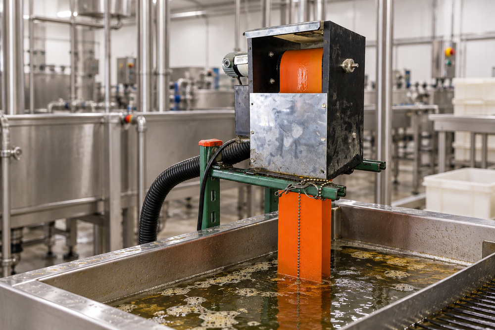 Wayne Products oil skimmer used for floating oil and grease removal in a food-processing application
