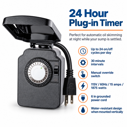 Mini-Skimmer 24 hour plug-in timer feature infographic
